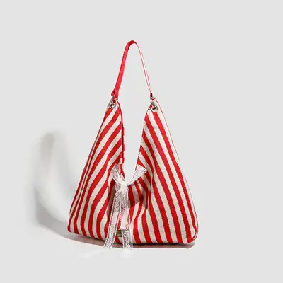 Red Striped Women's Shoulder Bag 2026 New Korean Style