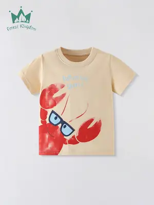 2025 Boys Casual T-Shirt Pure Cotton Cartoon Lobster