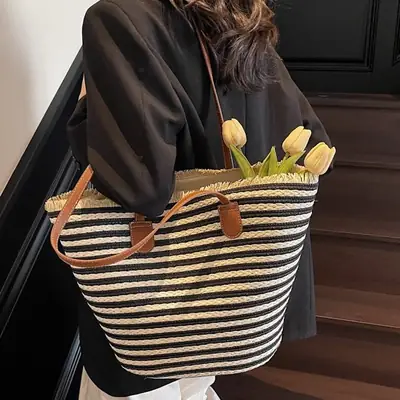 Women Striped Straw Tote Bag with Leather Strap