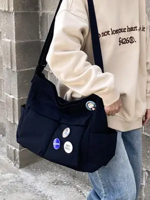 Women Canvas Crossbody Bag Navy Blue 2025 Korean Style