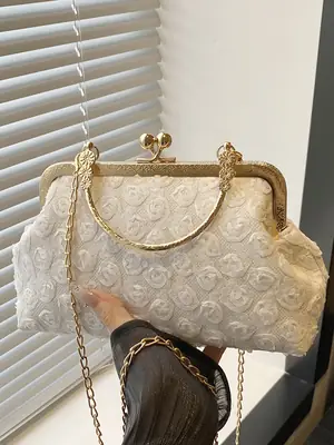 White Rose Embroidered Crossbody Bag with Gold Chain