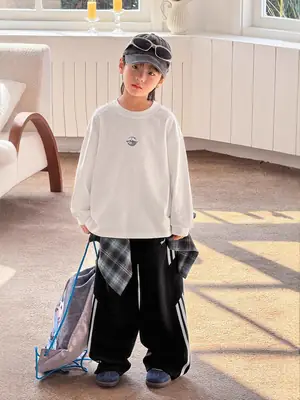 Boy's Pure Cotton Long Sleeve T-Shirt White Plaid Pants