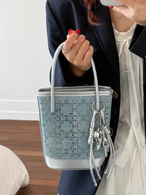 Diamond Encrusted Blue Bucket Bag with One Shoulder Handle