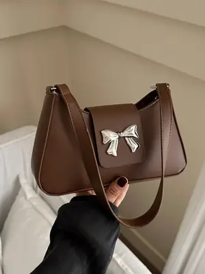 Women's Brown Textured Shoulder Bag with Bow Decor