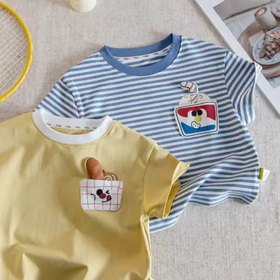 Boys Striped Cartoon T-Shirt Blue White 2025