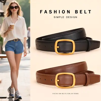 Women's Brown Leather Belt with Gold Buckle