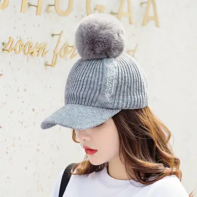 Korean Style Fur Knitted Baseball Cap for Women Winter Warm
