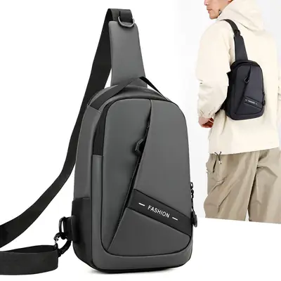 Men Grey Leather Crossbody Bag Travel Commute Luggage