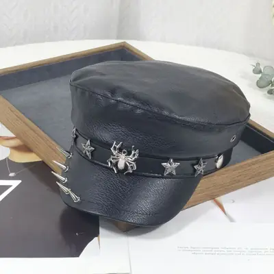 Women's Black Leather Skull Hat with Wide Brim