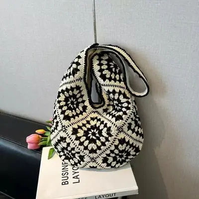 Black & White Handwoven Straw Crossbody Bag for Women
