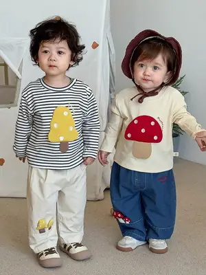 Children's Mushroom Patchwork T-Shirt Small Beige