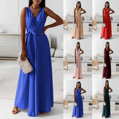 Women Long Skirt Dress Maroon Belted Solid Color