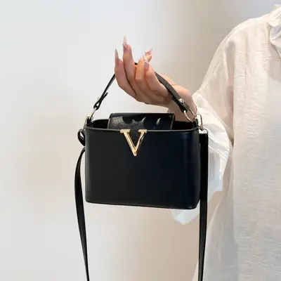 Black Gold V-Logo One Shoulder Crossbody Bag