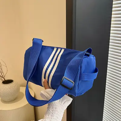 Blue Striped Nylon Fitness Bag for Women Large Capacity