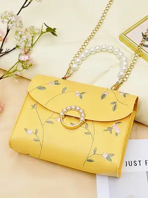 Yellow Pearl Chain Handbag for Women