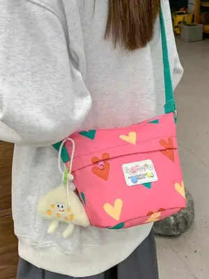 Cute Canvas Crossbody Bag for Women Pink Heart Design