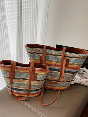 Women Straw Handbag Set Multi Color Beach Tote