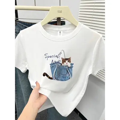 Kitten Print Round Neck Short-Sleeved T-Shirt for Women Summer New Korean Style Work Clothing Fashion Slim Right Shoulder Top for Small People