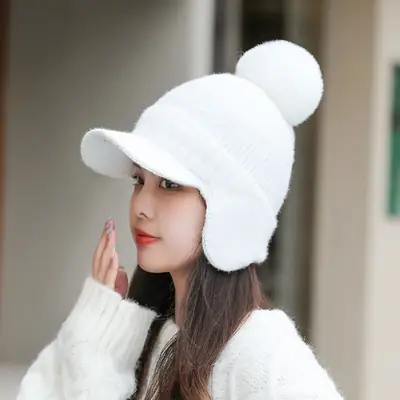 Pink Knitted Ear Cap with Pom Pom for Women