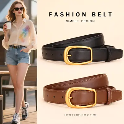 Women's Black Leather Belt with Gold Buckle