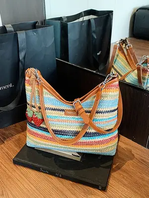 Color-Blocking Woven Shoulder Bag for Women 2025