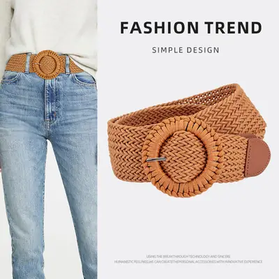 Women's Woven Belt with Round Buckle Brown