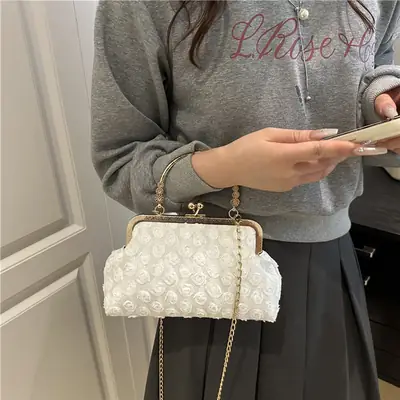 White Textured Clip Chain Crossbody Bag for Women