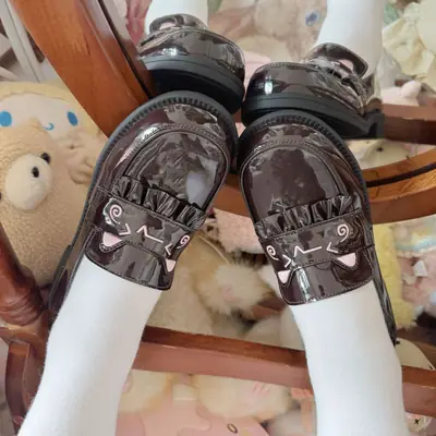 Kitten Embroidered Jk Shoes Black Brown Sweet Thick Sole