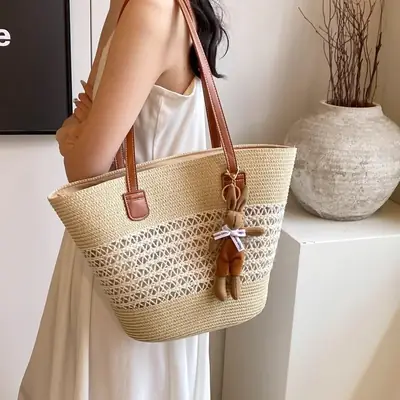 Women's Straw Vegetable Basket Bag with Tassel