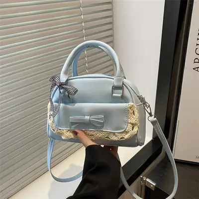 Light Blue Crossbody Bag with Bow & Embroidered Strap