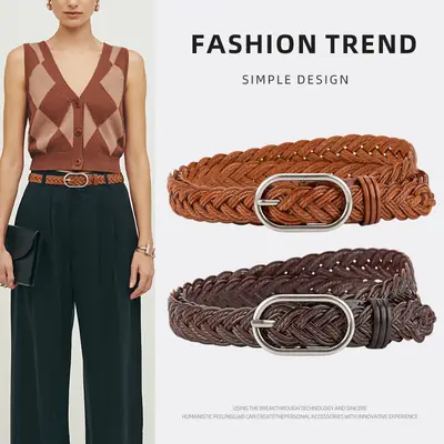 Red Braided Leather Belt for Girls with Silver Buckle