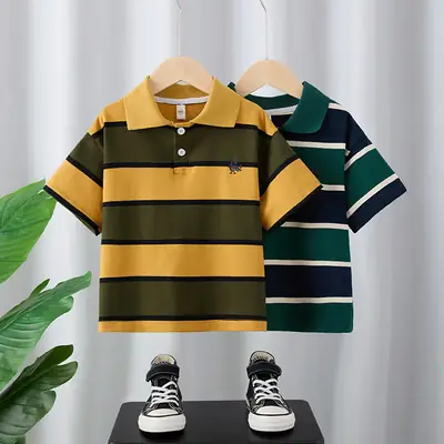 Men Striped Polo Shirt Yellow Green Boys
