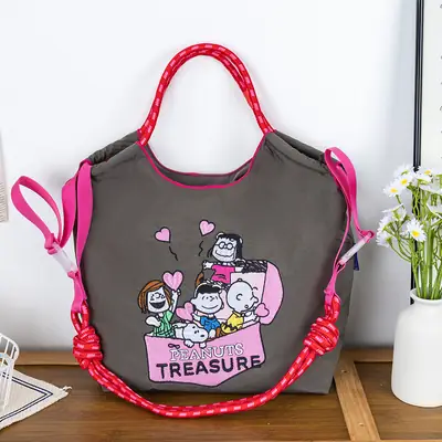 Women's Cartoon Print Shoulder Tote Bag Grey Pink