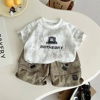 Boys White Letter T-Shirt & Shorts Set Cool Summer Wear