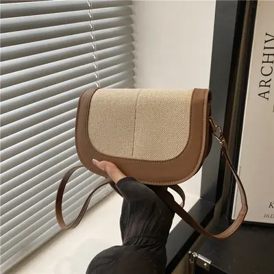 Spliced Canvas Shoulder Bag Brown Beige Korean Style