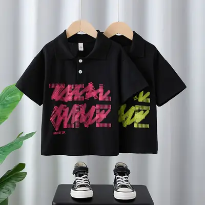 Boys Black Graphic Polo T-Shirt 2025 New