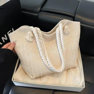 Women's Straw Shoulder Bag Large Capacity Beige 2025