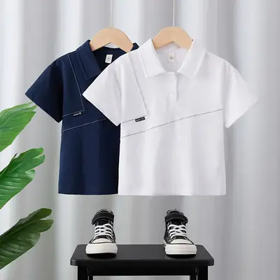 Boys Summer Polo Shirt White Blue 2025 Loose Casual Top