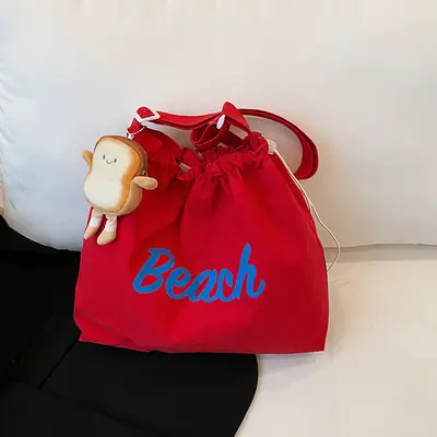 Red Drawstring Shoulder Bag with Cute Monkey Decor