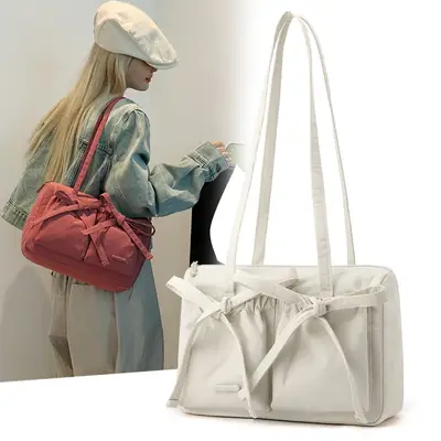 Women's Canvas Bowknot Shoulder Bag Large Capacity White