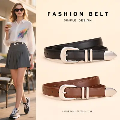Black Leather Belt for Women with Buckle