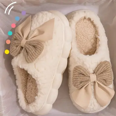 Thick-Soled Cotton Slippers with Sweet Bowknot for Women, 2026 New Autumn and Winter Indoor Warm Plush Cotton Slippers for Energetic Girls
