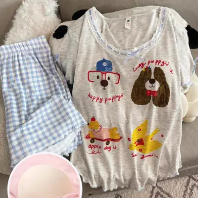 New Style Pajamas with Breast Pads, Cartoon Puppies, Women's Summer New Cute Short-Sleeved Shorts, Korean Style Loose Home Clothes
