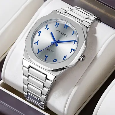 Men's Arabic Quartz Watch Stainless Steel Blue Dial