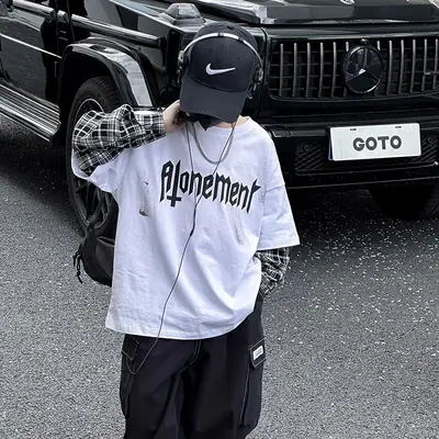 Kids White Hip-Hop T-Shirt Boys Spring Fall Cool Top