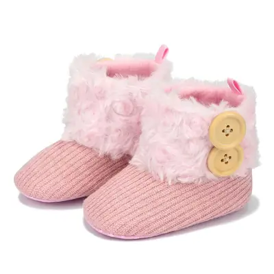 Pink Fleece Baby Boots with Button & Anti-Slip Bottom