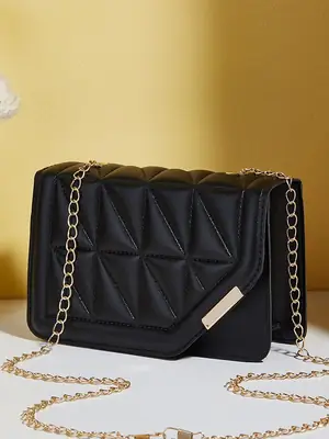 Black Embossed Chain Shoulder Bag for Women