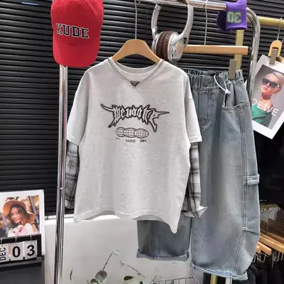 Boys Fake Two-Piece T-Shirts Grey Hip Hop Design