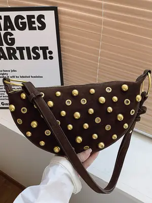 2025 Rivet Shoulder Bag Brown Leather with Gold Plated Studs