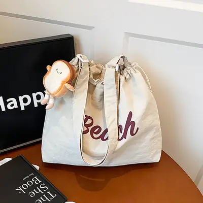 2025 Summer Drawstring Canvas Beach Tote Bag